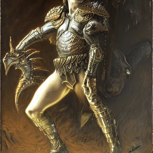 Image similar to a young man wearing a black armor holding the head of a predator, highly detailed painting by gaston bussiere and j. c. leyendecker 8 k the black armor is made by gustave dore