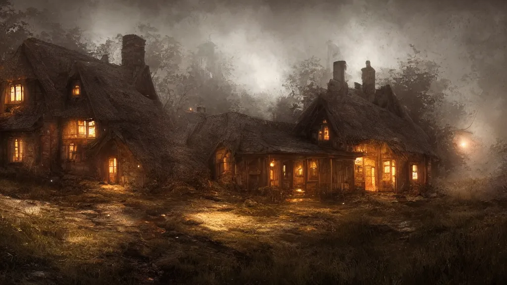 Image similar to A dark decrepit cottage on a hilltop at night, by Bastien LeCouffe-Deharme, hyperrealistic, Cryengine 8k UHD