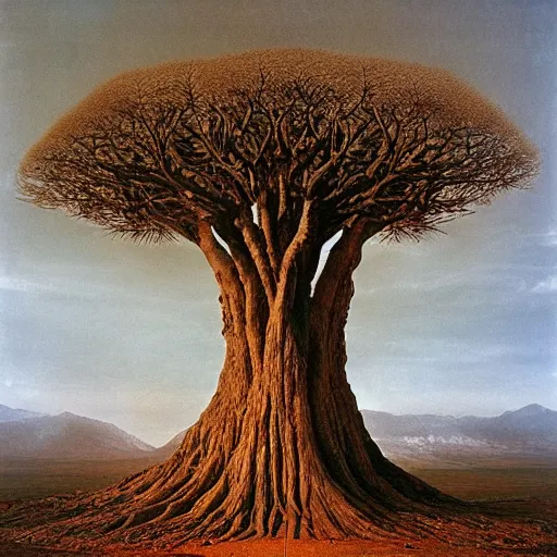 Image similar to A 10,000 year old tree, based on the golden ratio, with a symmetrical landscape, perfect balance, by Steve McCurry and Beksinski