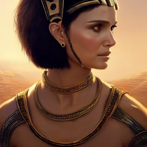 Image similar to closeup portrait of natalie portman as cleopatra, pyramid background, dramatic light, gorgeous view, depth, high detail, digital art, concept art painted by greg rutkowski, trending on artstation