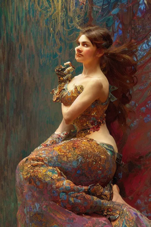 Prompt: an intricate artistic pose painting of a beautiful young victorian lady with an artistic pose, hyper detailed, octane render, vivid colors, artstation, by jeremy mann, by alphonse mucha, by boris vallejo