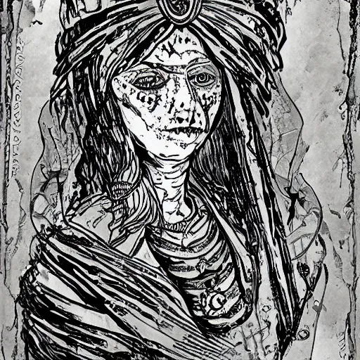 Prompt: in the tomb of empress sissi, vienna, austria, beautiful woman, zombie, pen and ink, line art