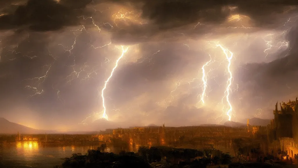 Prompt: Madrid painted by Thomas Cole with dramatic lightning, concept art, matte painting, 8k, highly detailed, artstation