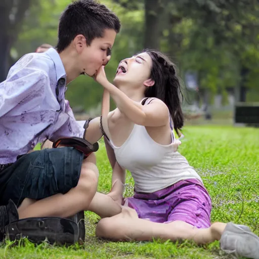 Prompt: boy and girl burn in passion in the park