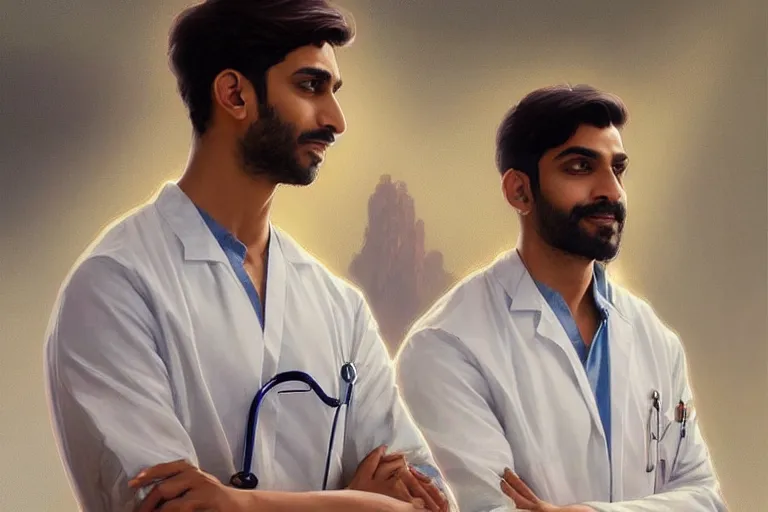 Image similar to Anxious good looking pale young Indian doctors wearing scrubs and shirts at the airport, portrait, elegant, intricate, digital painting, artstation, concept art, smooth, sharp focus, illustration, art by artgerm and greg rutkowski and alphonse mucha