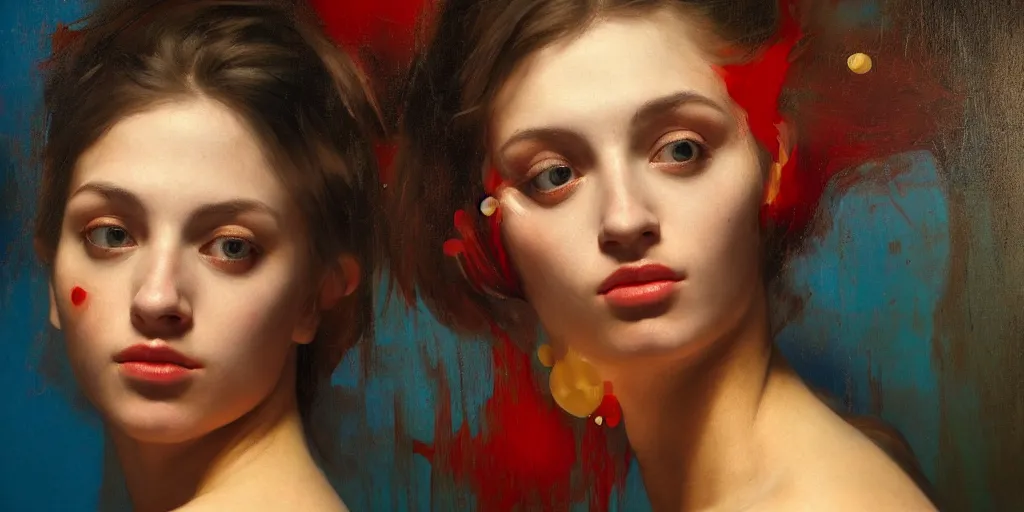 Prompt: abstract oil matte portrait painting, women infused and swimming in a golden liquid partially covered, red dollops, blue strains, detailed faces, wonderful masterpiece, highly detailed, beautiful cinematic light, deep focus, elegant, smooth, sharp focus, golden ratio, dramatic illumination, ultra realistic, 8 k, art by caravaggio