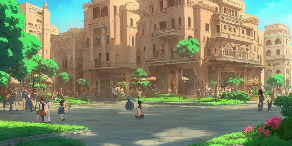 Image similar to a beautiful movie still in the style of studio ghibli anime with a landscape of the khedival opera house in talaat harb square cairo with lush landscaping, date palm trees, shrubs and flowers. trending on artstation