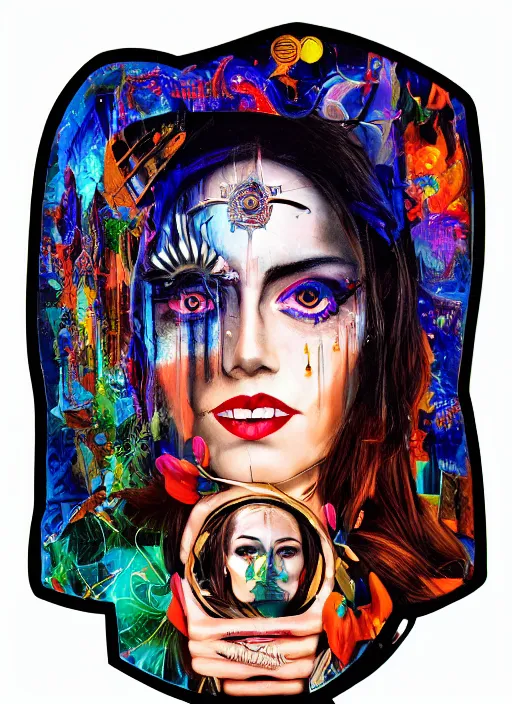 Image similar to collage of gorgeous magic cult psychic woman smiling, third eye, energetic consciousness psychedelic, epic surrealism expressionism symbolism, story telling, iconic, dark robed, oil painting, symmetrical face, dark myth mythos, by Sandra Chevrier masterpiece cutout layering