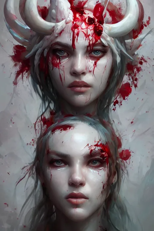 Prompt: abstract face closeup of beautiful girl predator covered with blood, white horns, 3 d render, hyper realistic detailed portrait, holding magic flowers, ruan jia, wlop. scifi, fantasy, hyper detailed, octane render, concept art, by peter mohrbacher, by wlop, by ruan jia