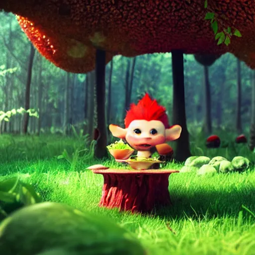 Image similar to beautiful cinematography of a cute fury monster eating lunch sitting on a red mushroom in a fantasy forest with living trees, in the style of a Pixar movie, wide shot, sharp and detailed, Octane render, raytracing, volumetric lighting