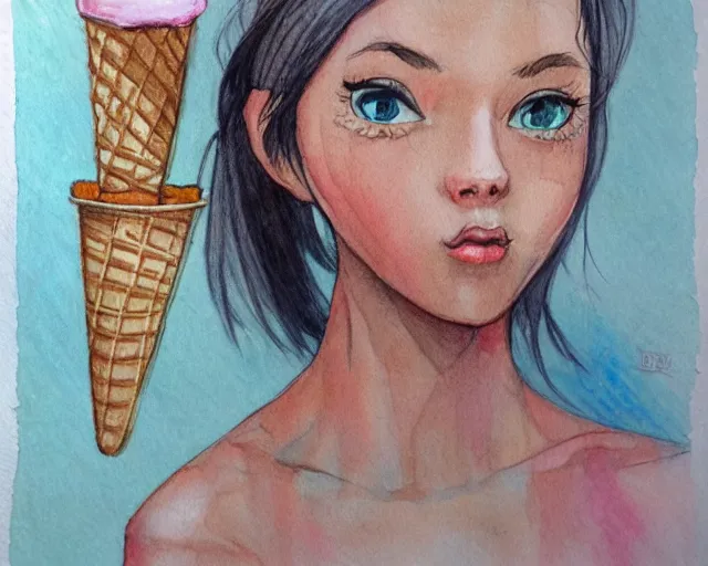 Image similar to a girl with the ice cream watercolor colored pencil painting trending on artstation