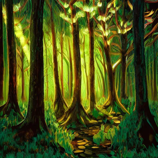 Prompt: enchanted forest with intricate details and tons of big trees. deep illumination and beautiful use of light and shadow to create a sense of depth and movement. using energetic brushwork and a limited color palette. light angle left at 3 0 degrees.