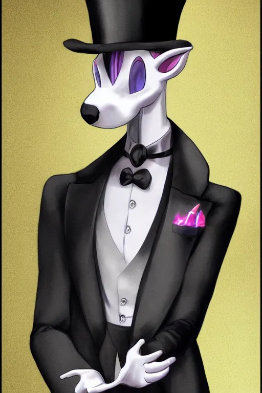 Image similar to mewtwo human hybrid wearing a top hat and suit, highly detailed, digital art, sharp focus, ambient glow, trending on art station, anime art style