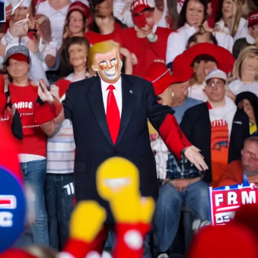 Prompt: Ronald McDonald endorses Trump at a campaign rally