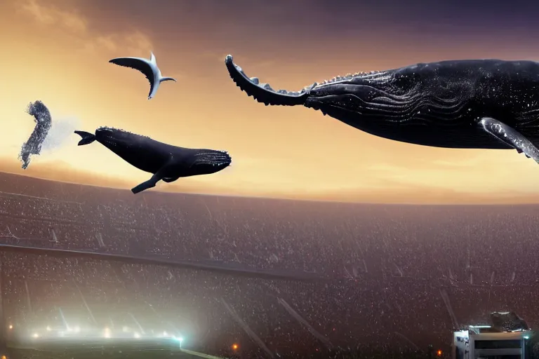 Prompt: ! dream a humpback whale flying in the air over an nfl football stadium ultra detailed realistic photograph cinematic lighting by jessica rossier