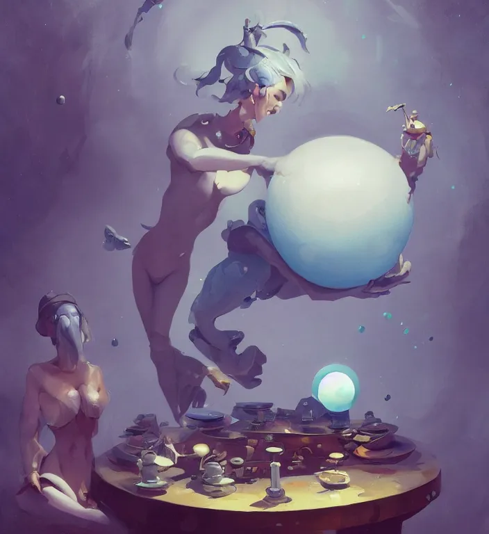 Prompt: a blue ball on a table, digital art by Peter Mohrbacher