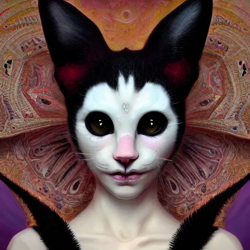 Image similar to actionism, soft painting curiosities carnival, beautiful cat head hybrid in full long dress, accurate features, focus, very intricate ultrafine details, black white purple volumetric clouds, award winning masterpiece, octane render 8 k hd, tom bagshaw artstyle