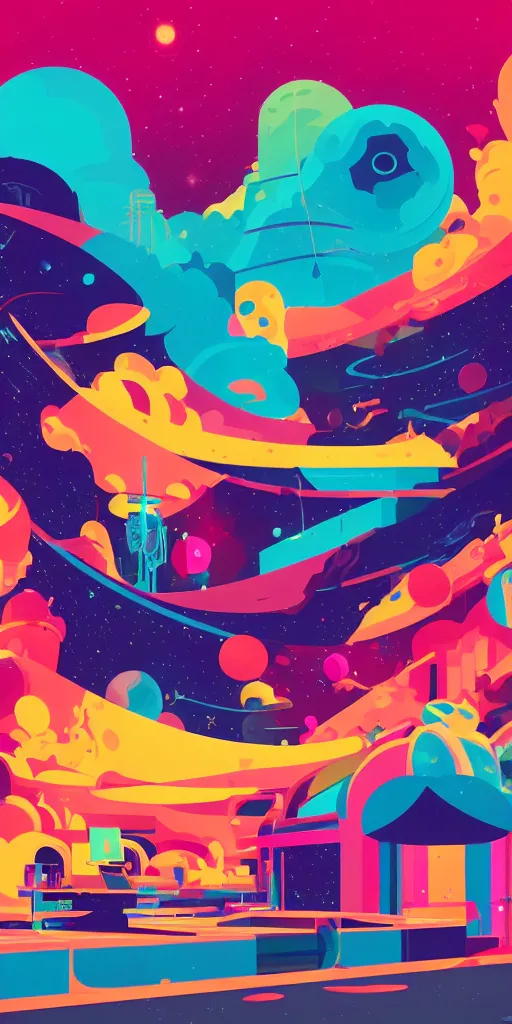 Prompt: colorful space, tom whalen, james gilleard, liam brazier, tristan eaton