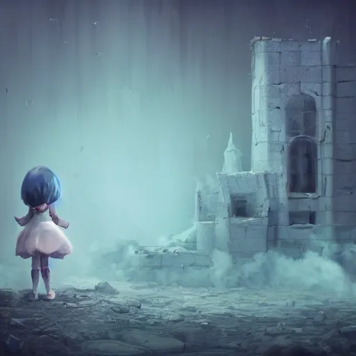 Prompt: dreamlike sketch painting cute fumo plush girl in tattered ghostly robes in the watchtower of a fallen civilization, long wisps of volumetric smoke, ruins, f / 2. 8, vray