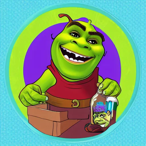 Image similar to Shrek!!!!! in a bottle, sticker, highly detailed, colorful, illustration, drama, smooth and clean vector curves, no jagged lines, vector art, smooth