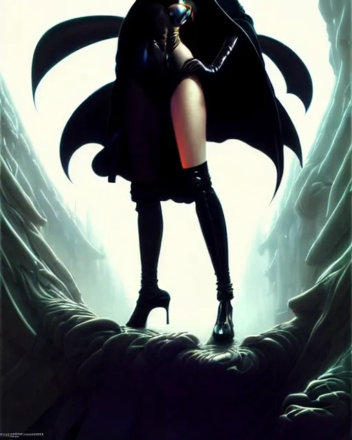 Image similar to beautiful fantasy character portrait, natalie portman, wearing oversized black trench coat, ultra realistic, wide angle, dramatic lighting, vultures, very seductive pose, cyberpunk artifacts, highly detailed by peter mohrbacher, hajime sorayama, wayne barlowe, boris vallejo, aaron horkey, gaston bussiere, craig mullins