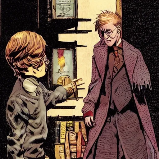 Prompt: in one frame Harry Potter in The Sandman comic, by Neil Gaiman, by Dave McKean, comics Sandman, small details, whole-length, clear faces, high detail