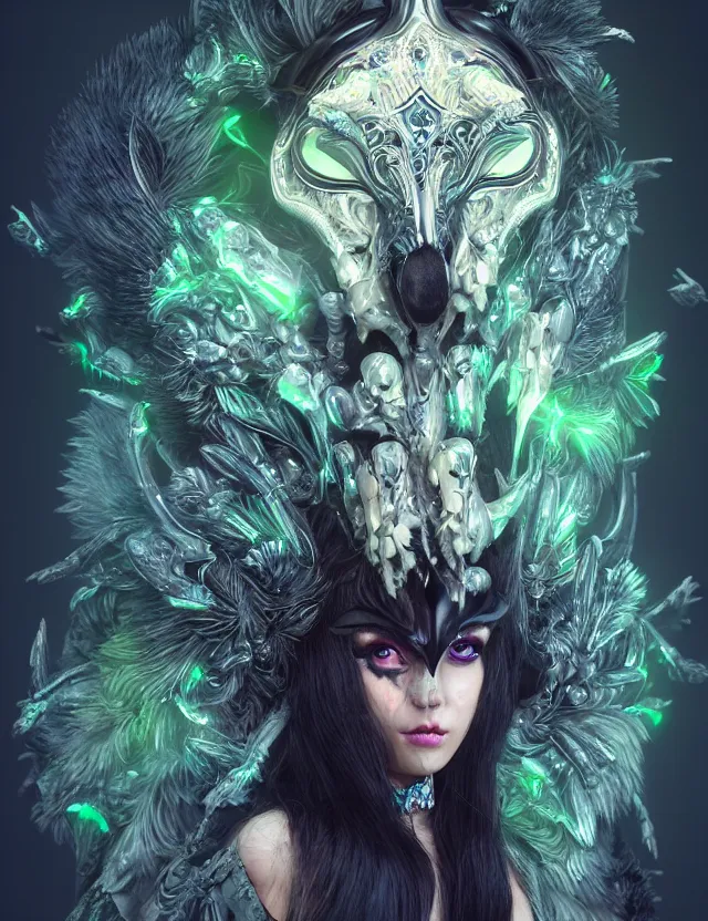 Prompt: 3 d goddess medium shot portrait with raven skull. beautiful intricately detailed avante garde wolf mask and electro sorceress outfit. neon moths, bio luminescent, frost, splash,, creature, artwork by tooth wu and wlop and beeple and greg rutkowski