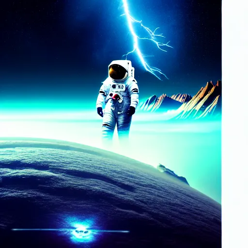 Prompt: astronaut finding a flower on an alien planet with mountains, water, strange clouds, hyper realistic, dramatic lightning, ray tracing, high resolution photo, cinematic 8 k