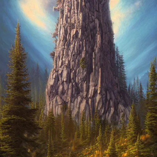 Prompt: Large forest with great magical stone Wizard tower standing proudly above the treeline, wide angle, cinematic, art by Donato Giancola and Bayard Wu, digital art, trending on artstation