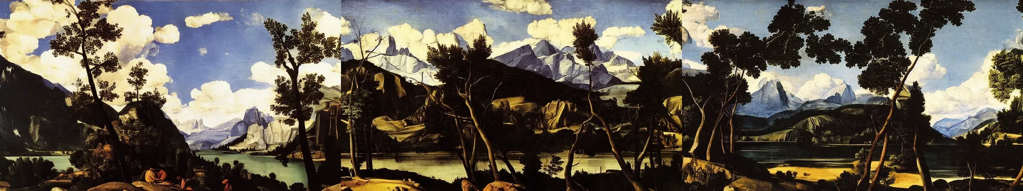 Prompt: mountains, trees, and lake, by caravaggio