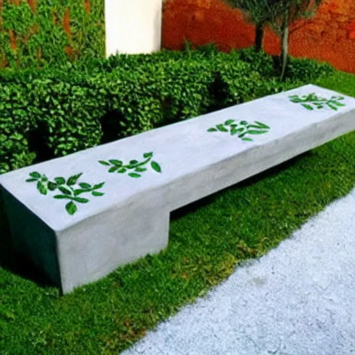 Image similar to creative concrete benches, colorful, olive trees