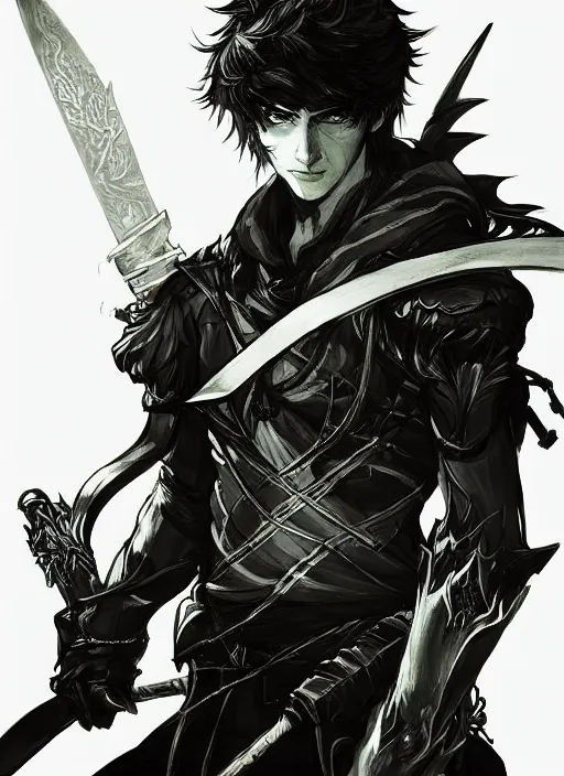 Prompt: Half body portrait of a young prodigy elven male swordman wielding fire. In style of Yoji Shinkawa and Hyung-tae Kim, trending on ArtStation, dark fantasy, great composition, concept art, highly detailed, dynamic pose.