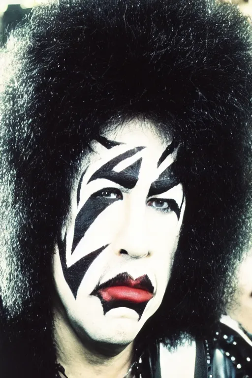 Image similar to portrait of lost member of rock band Kiss, 1975, 35mm lens, grainy