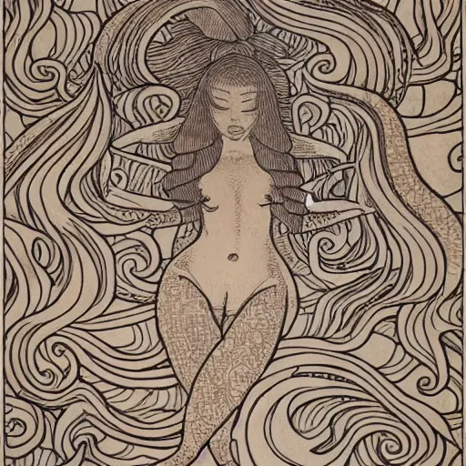 Image similar to detailed drawing of a two tailed mermaid on wood panel in the style of Audrey Kawasaki