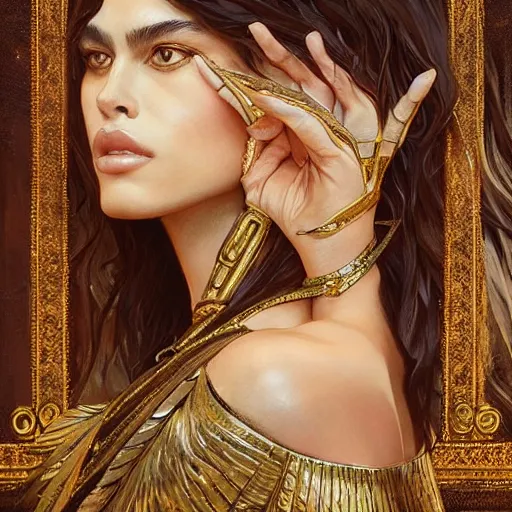 Prompt: Kaia Gerber as Cleopatra, intricate, elegant, highly detailed, digital painting, artstation, concept art, smooth, sharp focus, illustration, art by artgerm and greg rutkowski and alphonse mucha