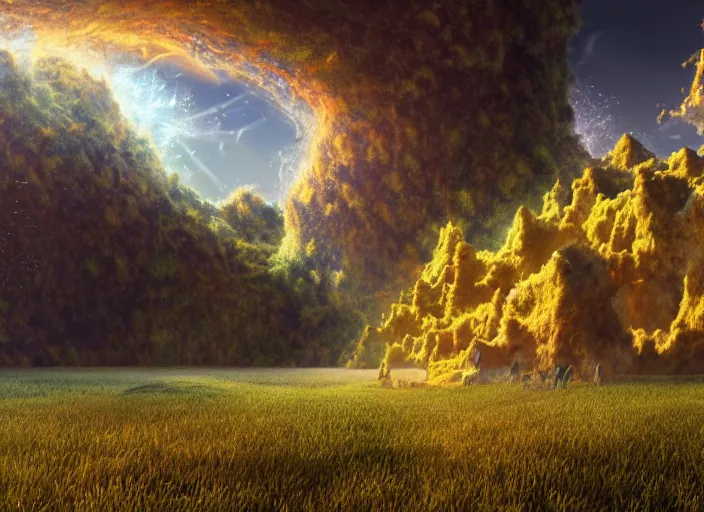 Prompt: a photo of giant interdimensional fractal creatures falling from the sky in the distance, on a bright day, a vast landscape with lush hills, dust particles, natural lighting, natural color palette, awe inspiring, wide angle, cinematographic, subtle lens flare