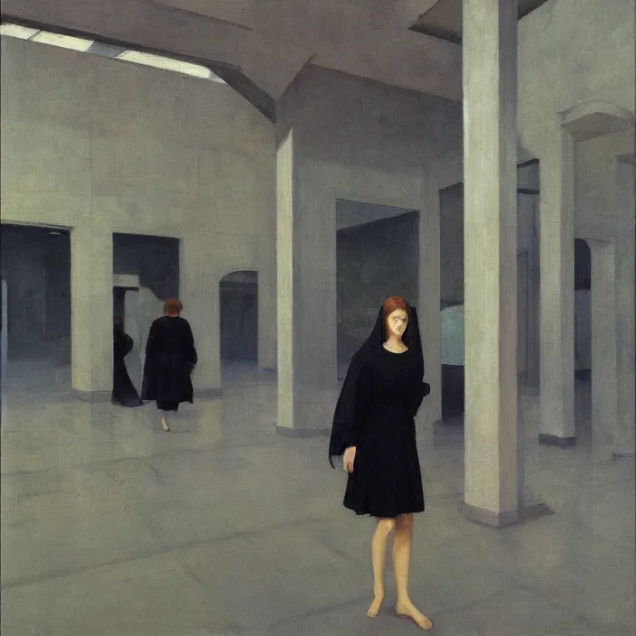 Prompt: woman in black robes, short skirt, in magnificent shopping mall, oil painting by edward hopper, zdislav beksinski, wayne barlowe