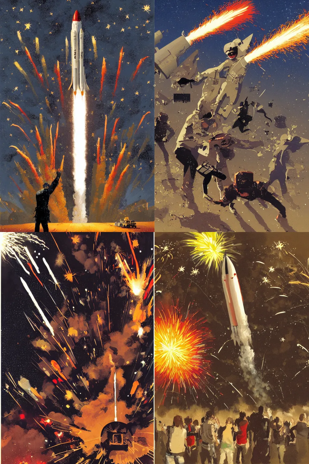 Prompt: full page illustration of a rocket launch, fireworks, fear, panic, anger, by phil hale, ashley wood, geoff darrow, 8k, hd, high resolution