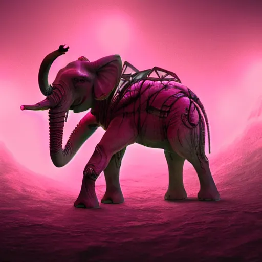 Image similar to a realistic antropomorphic pink elephant dressing necromancer clothes sited in a xenomorphic throne with glow neon eyes, finely detailed, 4 k, photorealistic, cycles engine,