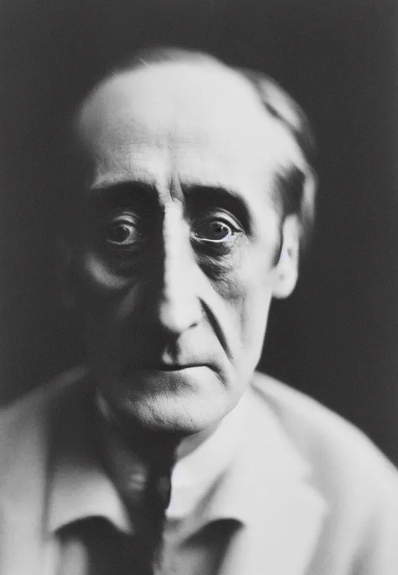 Prompt: a close - up casual photo of marcel duchamp with pensive eyes, blurry, 1 9 2 0 s monochrome snapshot, graflex 4 x 5, f 1. 8, 3 5 mm, ilford delta 3 2 0 0 pro, cyborg