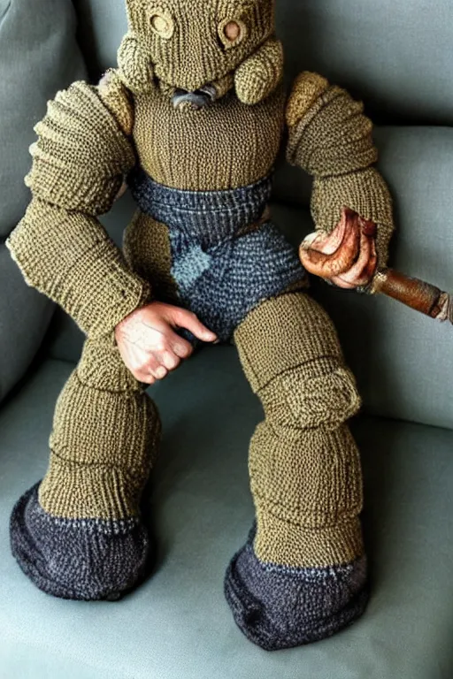 Image similar to knitted power armor from fallout lies on the couch