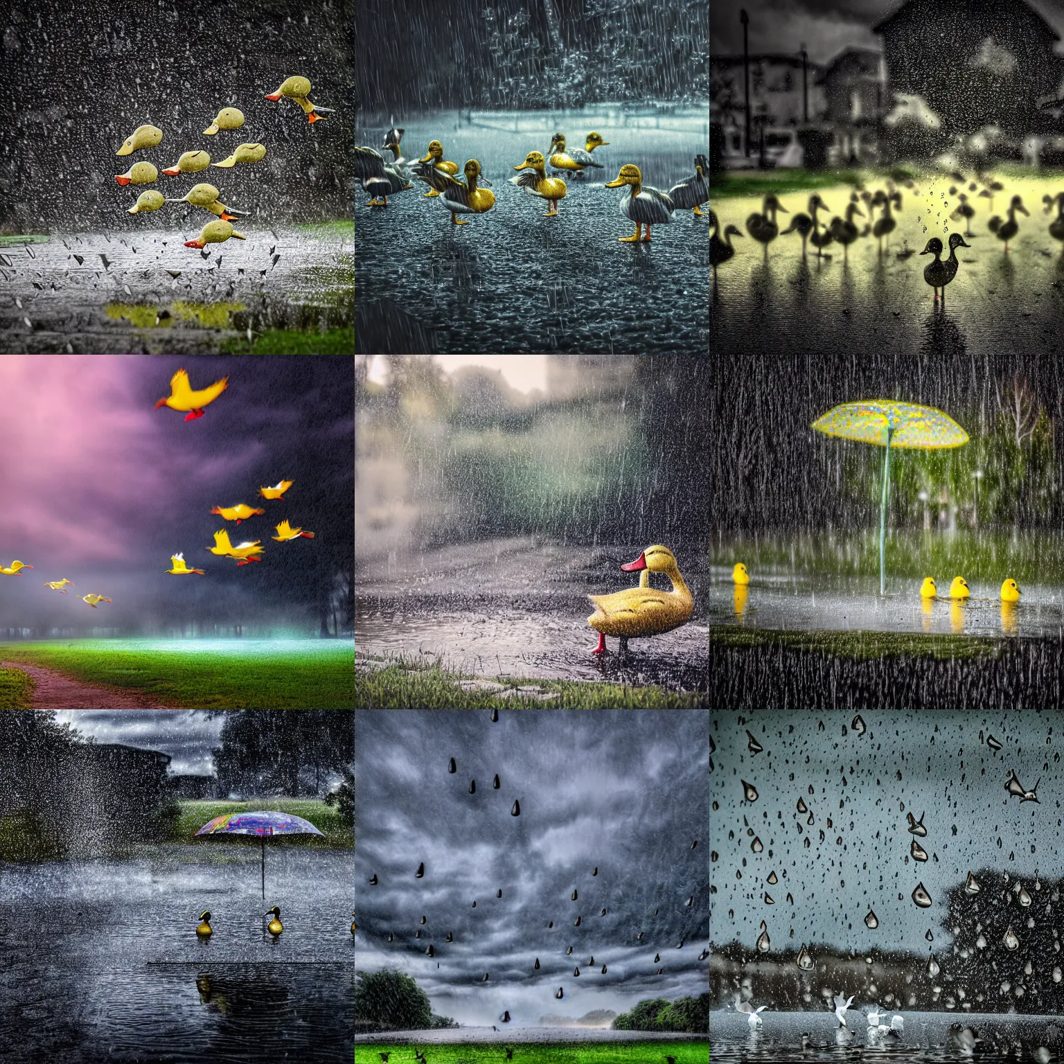 Prompt: raining down ducks, 4k, hdr, lighting, weather, high resolution camera shot, digital art