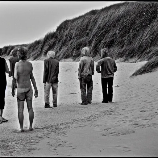 Prompt: a group of older punks gathering at the beach on sylt, a small touristic island at the northern shores of germany, photojournalism 1 9 7 2, photorealism, very realistic, in the style of walking dead, 5 0 mm lens, kodak 5 2 1 9 film