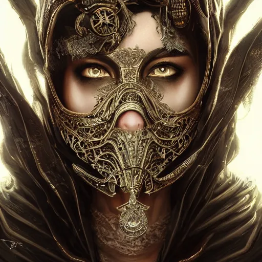 Image similar to Very very very very highly detailed epic photo of face with venetian mask, intricate, dystopian, sci-fi, extremely detailed, digital painting, artstation, concept art, smooth, sharp focus, illustration, intimidating lighting, incredible art by Artgerm