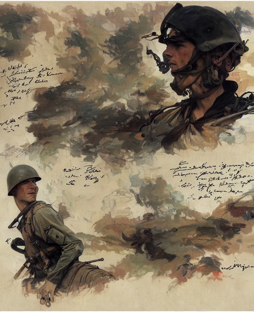 Image similar to a painting of lots of words in a hand written letter by a soldier in el alamein battle, war wwii, explosions, black and white, jeremy mann, alphonse mucha