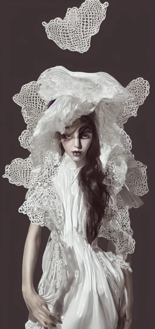 Prompt: an fierce nubile young woman with dark eye shadow and long dark hair, painted in futuristic white latex, waves of billowing doily dress, clear skin, elegant, graceful, fashionable, cinematic, hyperdetailed illustration by irakli nadar and alexandre ferra, depth of field, global illumination,