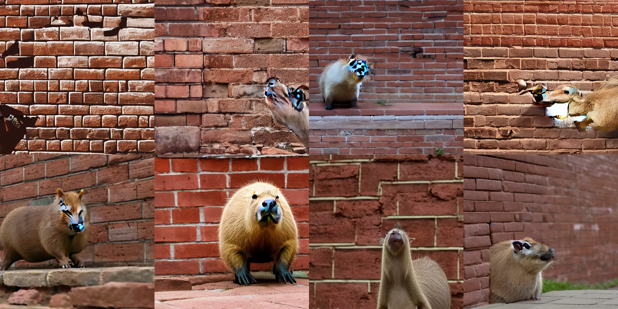 Prompt: Capybara breaking through brick wall, movie scene, bricks flying outwards