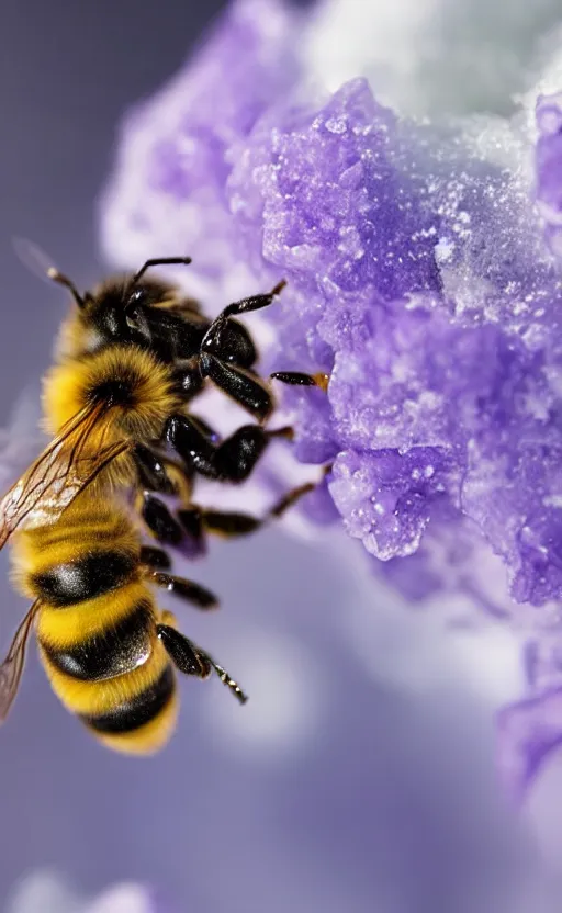 Image similar to a bee finding a beautiful flower, both entrapped in ice, only snow in the background, beautiful macro photography, ambient light