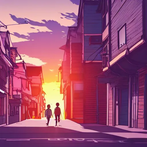 Prompt: man walking through street during a sunset, studio ghibli art style, 8 k