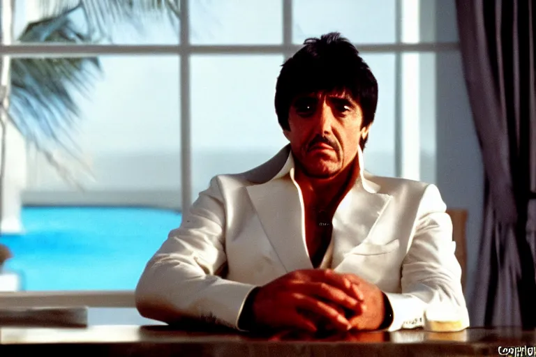 Image similar to tony montana from movie scarface 1 9 8 3 sitting at a big black oak table with big packages of flour. next to the night window. ( al pacino ). perfect symmetric face, coherent eyes,, fine details, 4 k, ron cobb, cinestill